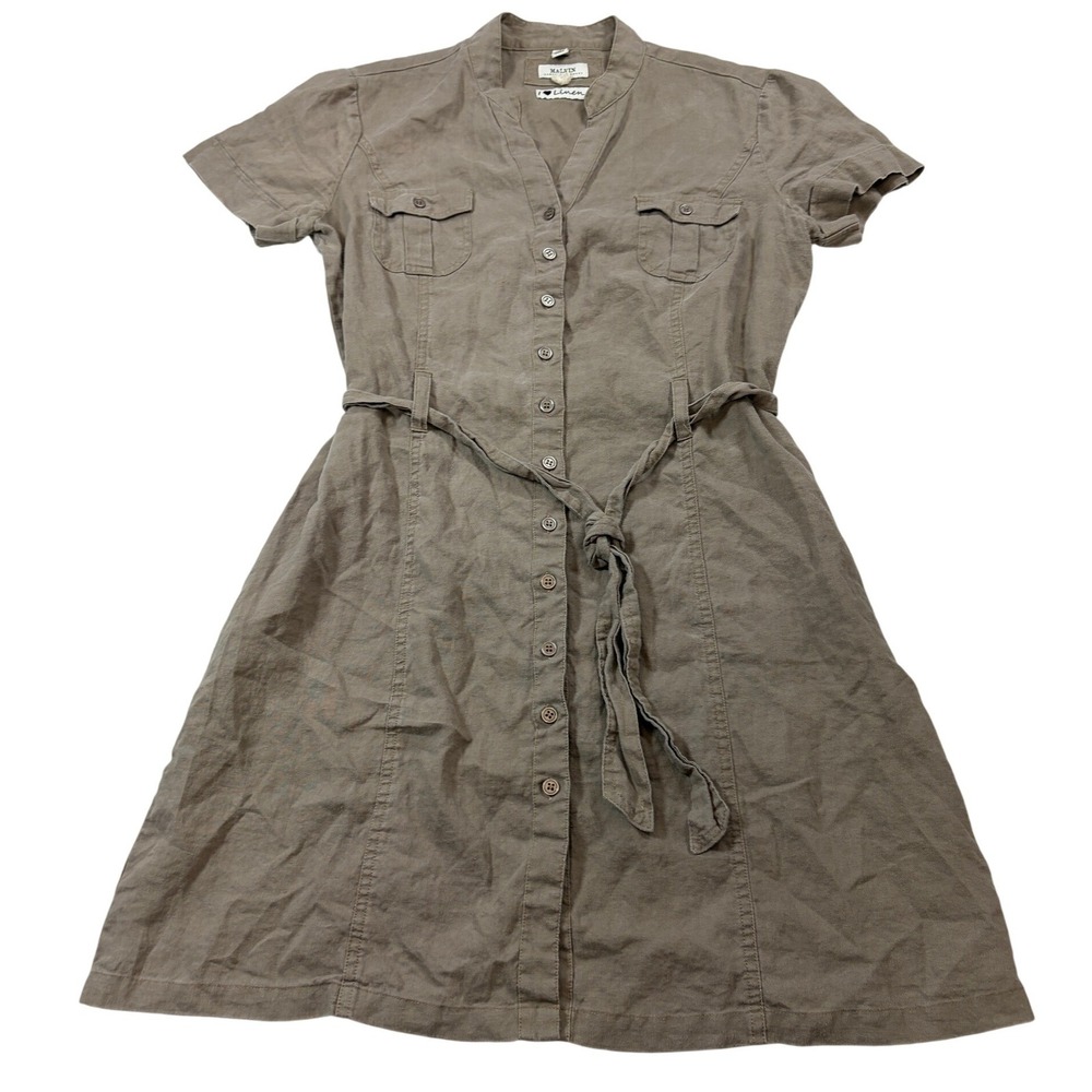 Linen Button Down Shirt Dress Taupe Brown Belted Large